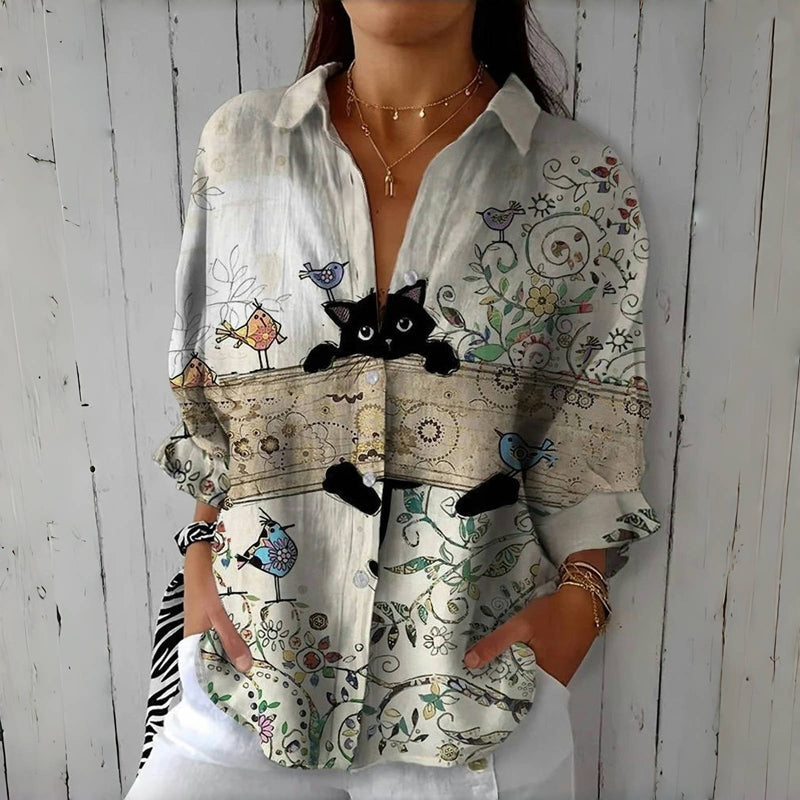 Creatieve Kattenprint Vintage Blouse