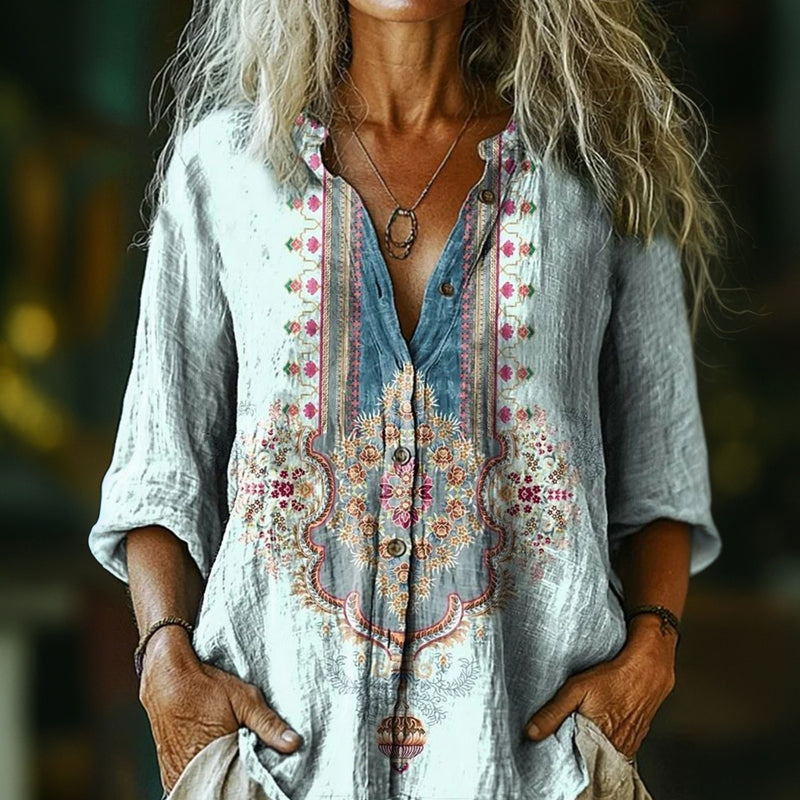 【Lange Mouwen】Vintage Blouse Met Etnische Print