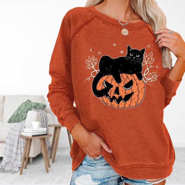 【100% Katoen】 Halloween T-Shirt Met Kattenprint