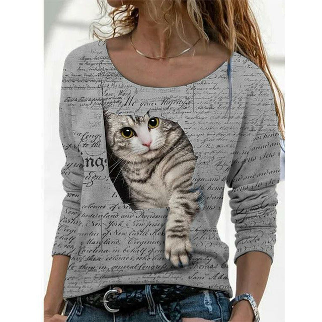 Casual T-Shirt Met Kattenprint